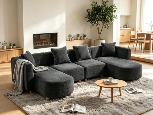 Vista 12 de 279 cm Sofá modular seccional con 3 almohadas, cómodo sofá de chenilla en nube convertible de 5 plazas con reposapiés, sofás seccional modernos