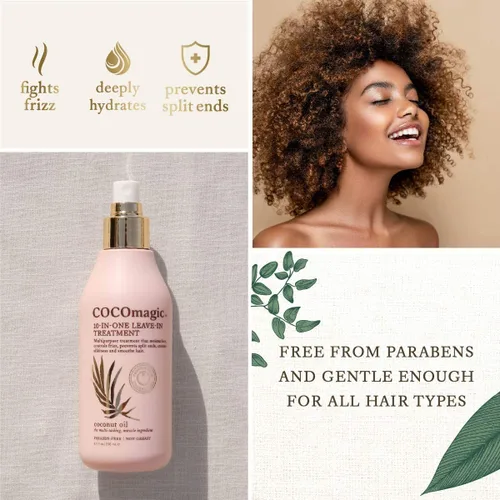 Vista 4 de Cocomagic Tratamiento capilar sin enjuague 10 en 1 con aceite de coco, hidrata, desenreda, previene el encrespamiento, suaviza y crea sedosidad