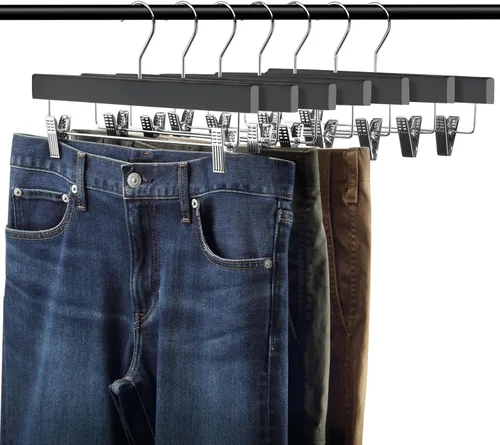 Vista 6 de AMKUFO 20 piezas de perchas de madera para pantalones, perchas sólidas para pantalones con clips ajustables de 14 pulgadas, perchas de madera negra