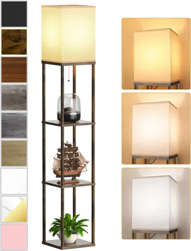 Vista 11 de Lámpara de pie con estantes para sala de estar color marrón nogal, lámpara de pie con estante con bombilla LED de 3 CCT, lámpara de columna de pie