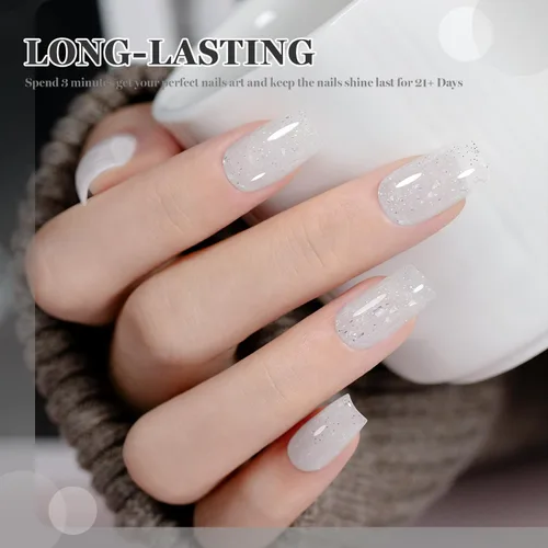 Vista 2 de RARJSM Esmalte de uñas de gel con purpurina de nieve, diamante brillante, gel de uñas de color blanco lechoso con pigmentos plateados y brillantes