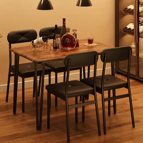 Vista 4 de Mesa de comedor de cocina y sillas tapizadas para 4, mesa rectangular de madera para 4 asientos, juego de comedor industrial de 5 piezas
