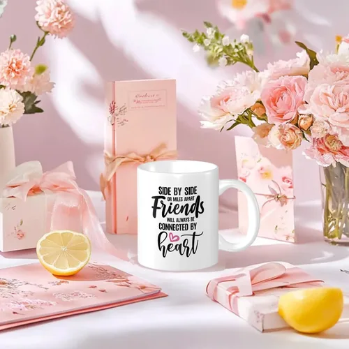 Vista 3 de Taza de café de regalo para mejores amigos, con texto en inglés "Friends Will Always Be Connected by Heart", para cumpleaños, Navidad y mejores