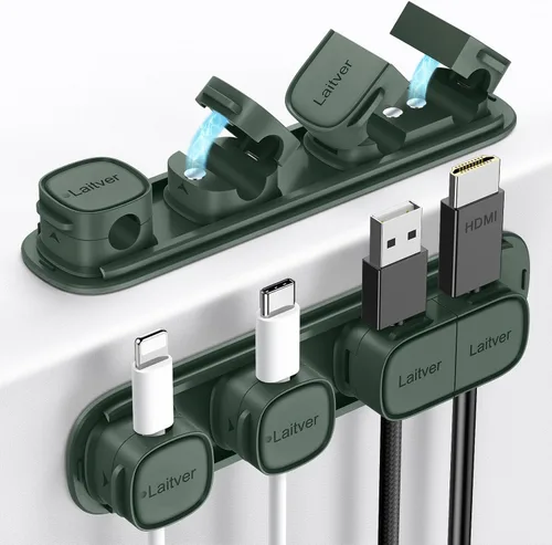 Vista 12 de Paquete de 6 clips magnéticos para cables [apertura/bloqueo en 1s], organizador y sujetador de cables Laitver con adhesivo fuerte para escritorio