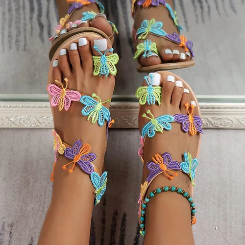 Vista 3 de Hbeylia Butterfly Flat Sandals for Women Ladies Fashion Casual Bohemia Elegant Gladiator Sandals Jewelry Toe Ring Dressy Slip On Sandals for Bride