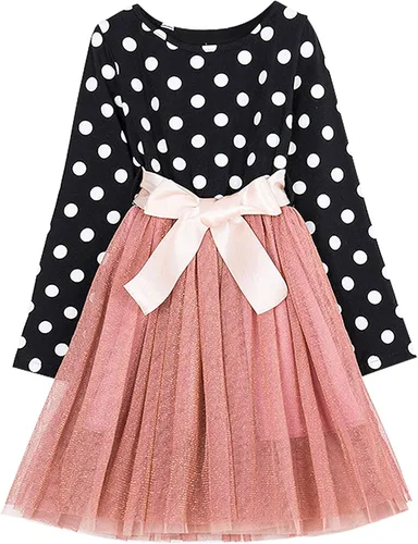 Vista 2 de Vestido de fiesta con tutú NNJXD para niña, con lunares, volantes con varias capas, de manga larga