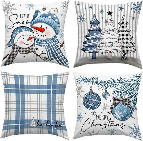 Vista 10 de MIRLEWAIY Paquete de 4 fundas de almohada de 18 x 18 pulgadas, diseño de reno de Navidad, muñeco de nieve de granja, feliz Navidad, feliz año nuevo