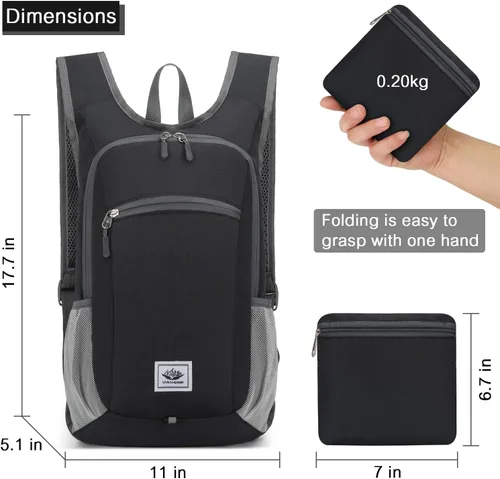 Vista 2 de Esup Mochila de senderismo ligera de 15L Mochila de viaje pequeña plegable Mochila de camping plegable para mujeres y hombres (negro)