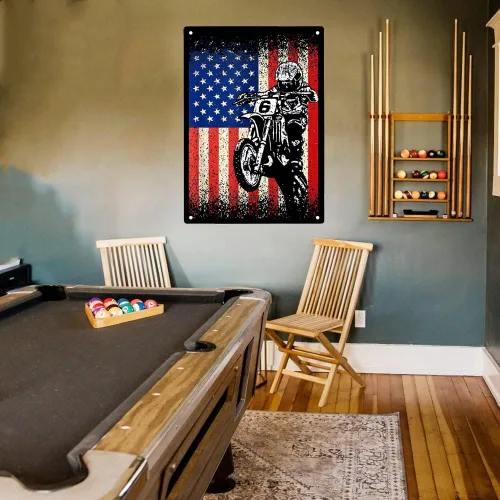 Vista 3 de Letrero de metal con la bandera estadounidense de motocross, motocross, motociclista, para hogar, oficina, restaurantes, cafeterías, bares, pub