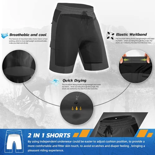 Vista 2 de Hiauspor Pantalones cortos acolchados de ciclismo de montaña para hombre, ajuste holgado, de secado rápido, para ciclismo con 5 bolsillos