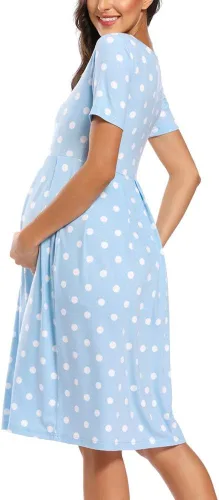 Vista 5 de BBHoping Vestido de maternidad casual a rayas para mujer, manga corta y 34, longitud hasta la rodilla, ropa de embarazo para baby shower