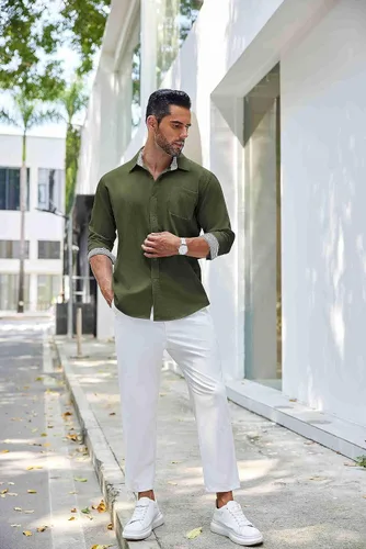 Vista 7 de COOFANDY Camisa de lino con botones para hombre, de manga larga, informal, para playa, con bolsillo