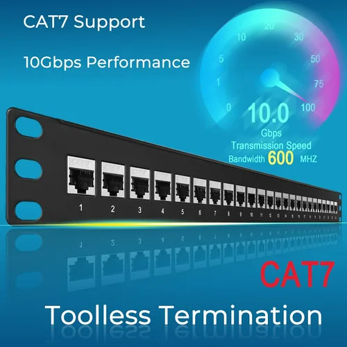 Vista 2 de Rapink Panel de conexiones de 24 puertos Cat7 con soporte Keystone 10G en línea, panel de conexión acoplador blindado STP de 19 pulgadas con barra