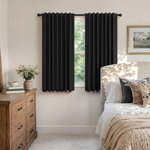 Vista 3 de Cortinas opacas de 45 pulgadas de largo, 2 paneles, Burg, para dormitorio, ventanas pequeñas, bolsillo, estilo granja moderna, aspecto de lino