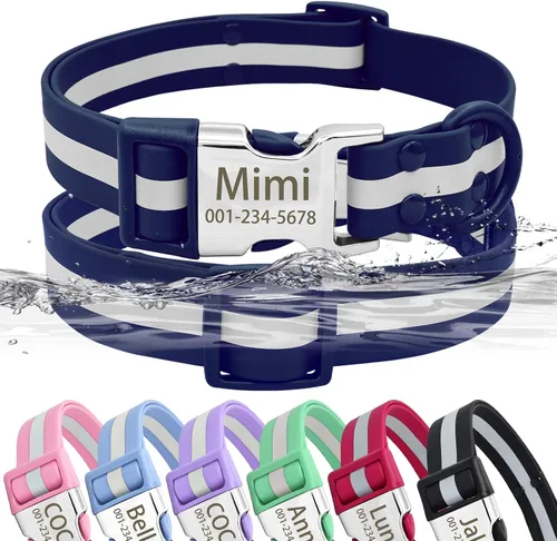 Vista 7 de Collar de perro personalizado impermeable y reflectante con placa de nombre, collar de perro de PVC fácil de limpiar con hebilla grabado nombre
