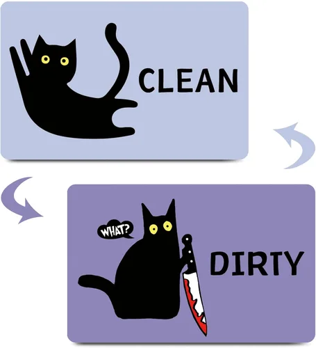 Vista 8 de Imán divertido de dibujos animados con diseño de gato limpio y sucio para lavavajillas, imán para lavadora, gato negro, nevera, limpio, sucio, doble