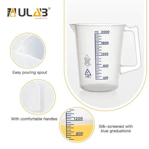 Vista 3 de ULAB Vasos de precipitados científicos, vasos de plástico con mango, con graduación azul impresa, vol.67.6 fl oz (68oz), UBP1018