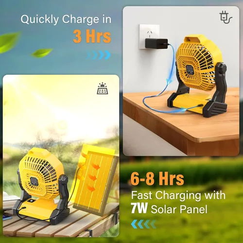 Vista 2 de JINLICTE Ventilador solar de 10400mAh con linterna LED, ventilador de camping con panel solar, ventilador solar recargable de 7W para exteriores