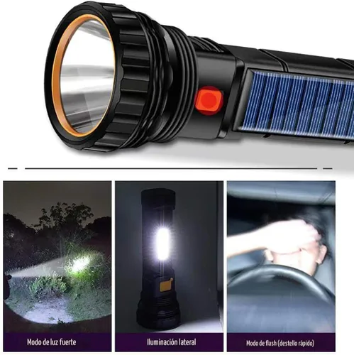 Vista 4 de Linterna LED solar / recargable multifunción de 1000 lúmenes, con luz estroboscópica de emergencia y batería de 1200 Mah, fuente de alimentación