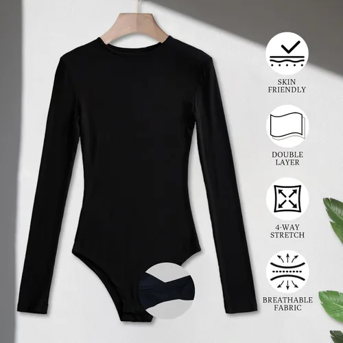 Vista 5 de WAFSCLKH Body para mujer cuello redondo manga larga ajustado básico body