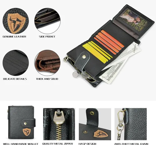 Vista 4 de Genuino caballo loco cuero viaje regalo moneda bolsillo tarjeta caso largo organizador cadena Rfid monedero con broche para hombres hombres 1803