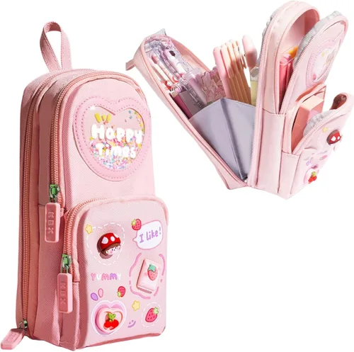 Vista 10 de Estuche de cartón lindo con diseño de oso y conejito de fresa, helado, 3 capas, gran capacidad, estuche organizador de cosméticos (rosa-1)