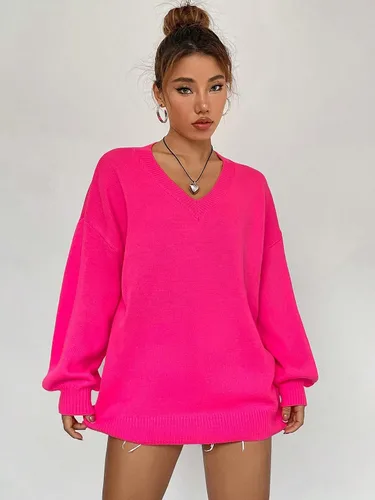 Vista 3 de MakeMeChic Suéter casual de manga larga con cuello en V y hombros caídos para mujer