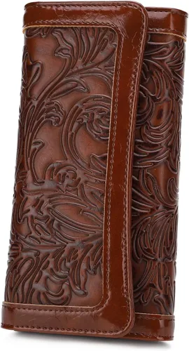 Vista 6 de MEITRUE Cartera de cuero para mujer, con bloqueo RFID, triple pliegue, con relieve, soporte para tarjetas, organizador de chequera para teléfono