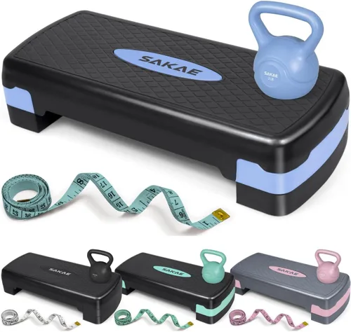 Vista 8 de SAKAE Set de Plataforma de Step Aeróbicos con Kettlebell y Cinta Métrica, Steps Aeróbicos para Ejercicio en Casa, Altura Ajustable 2 Niveles