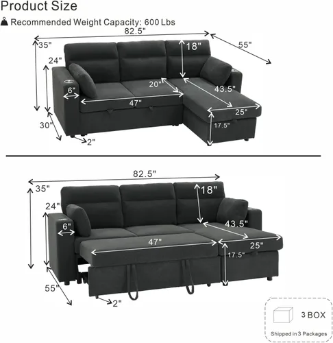 Vista 2 de Sofá seccional en forma de L de 82.5 pulgadas con cama extraíble Gris-oscuro