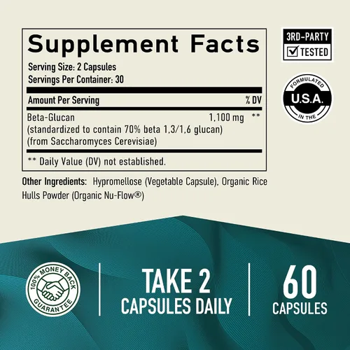 Vista 5 de Suplemento beta glucano de 1100 mg para apoyo a la inmunidad, la piel y el intestino Fórmula extra fuerte 1,3D y 1,6 beta-glucanos 85%