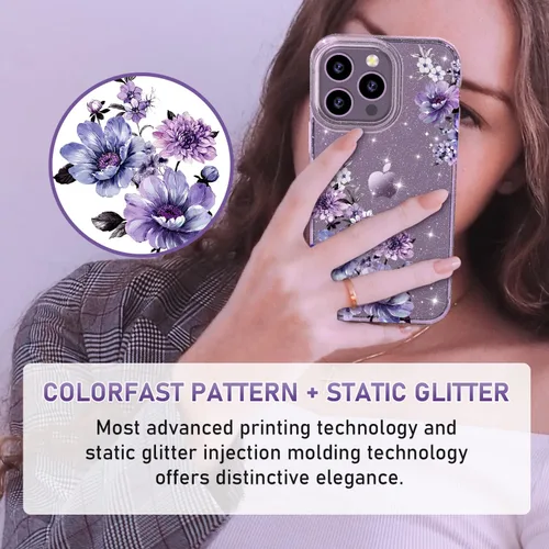 Vista 6 de OKP Funda 3 en 1 para iPhone 14 Pro Max, con protector de pantalla/protector de lente de cámara, bonito patrón floral, transparente, brillante