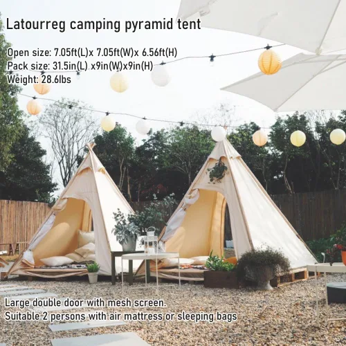 Vista 6 de Latourreg Tienda de campaña al aire libre para 2 personas de 6.6 ft de lona para acampar pirámide Tienda grande de pagoda de tipi para adultos