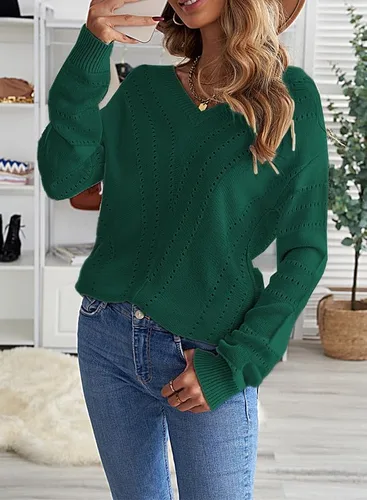 Vista 3 de Dokotoo Suéter de punto para mujer, diseño de rayas, cuello en V, con bloques de color, ajuste holgado