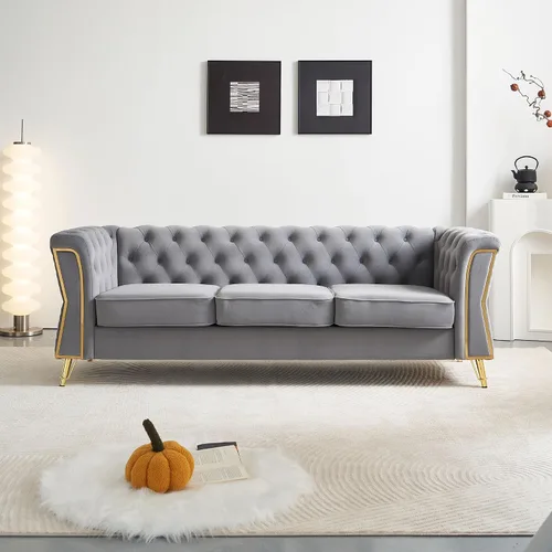 Vista 32 de KEIKI Sofá copetudo de terciopelo de 84 pulgadas con cojines de respaldo y brazos enrollados, sofá de 3 plazas estilo moderno con patas de acero