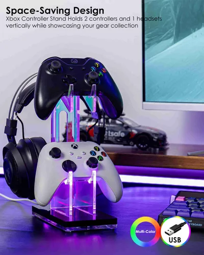 Vista 3 de OAPRIRE Headset and Controller Stand with Lights, 2 Tier Acrylic Game Controller Holder, Controller and Headset Stand for Desktop,Universal Design