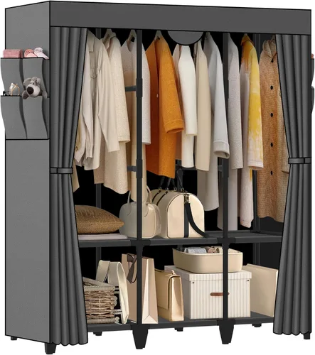 Vista 9 de Armario de Ropa, Montaje Rápido y Fácil, Clóset Portátil Negro con 2 Barras Colgantes, 4 Estantes de Almacenamiento y 8 Bolsillos Laterales, Estante