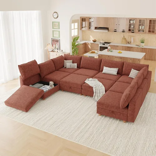 Vista 29 de 95.5" Sofá seccional modular de chenilla con almacenamiento oculto, sofá cama convertible en forma de L y U, sofá seccional moderno de 6 plazas