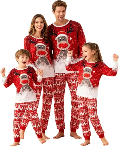 Vista 9 de Awoscut - Conjunto de pijamas navideños a juego, con estampado en la parte superior y pantalones a cuadros #B-7