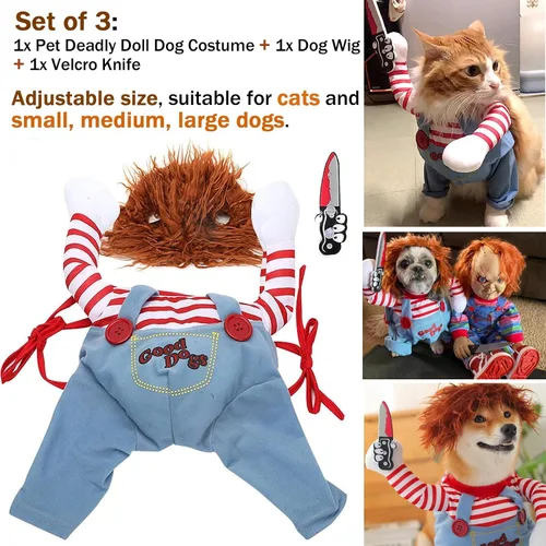Vista 3 de Tealots Disfraz de muñeca mortal para mascota, divertido disfraz de Halloween para perro, ropa linda para perros pequeños, medianos y grandes, traje