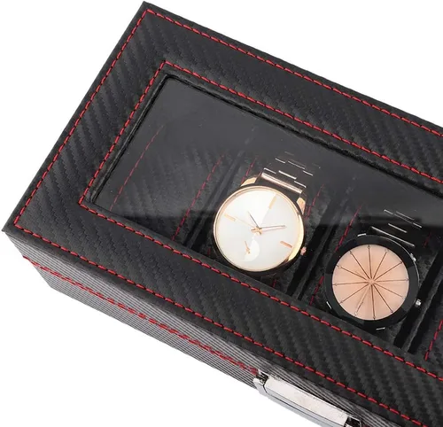 Vista 6 de TOPINCN Caja de reloj grande 5 para hombre de cuero negro con pantalla de cristal superior organizador de joyería