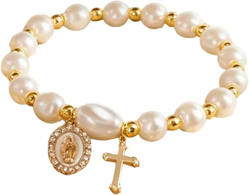 Vista 7 de Pulsera elástica de Virgen María con dije de cruz – Cristal de perlas multicolor con cuentas de joyería religiosa católica para mujer, regalo