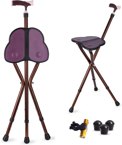 Vista 12 de Combo de asiento de caña plegable, capacidad de 400 libras, práctico taburete plegable con muleta, asiento de 3 patas, altura ajustable, resistente