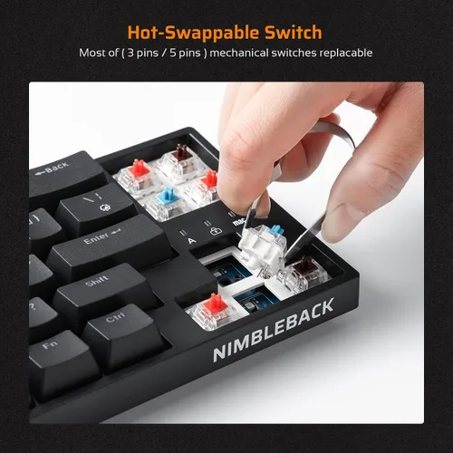 Vista 4 de LTC NB681 Nimbleback - Teclado mecánico con cable al 65%, retroiluminado RGB ultracompacto de 68 teclas para juegos con interruptor intercambiable