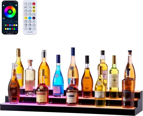 Vista 8 de VEVOR Pantalla de botella de licor con iluminación LED, 2 niveles de 30 pulgadas, compatible con USB, estante iluminado de bar para el hogar
