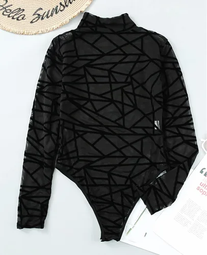 Vista 6 de YOGOLAI Body de malla transparente para mujer, cuello alto, manga larga, elástico, leotardo