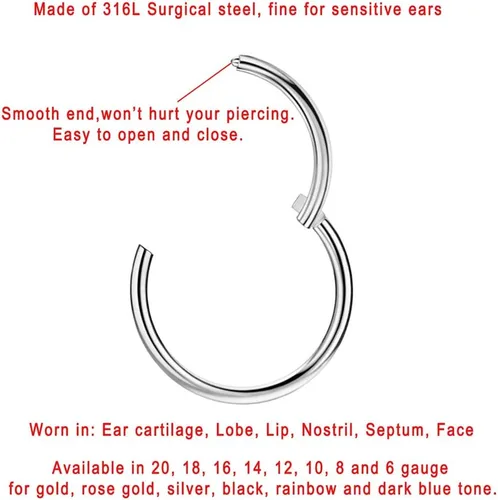 Vista 2 de FANSING - Aro de acero quirúrgico 316L con bisagra, para piercing de nariz, tabique, cartílago, hélix, daith, tragus, rook, conch, labio, lóbulo