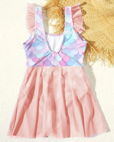Vista 3 de Traje de baño de una pieza para niñas, con mangas con volantes, de sirena, vestido de tul