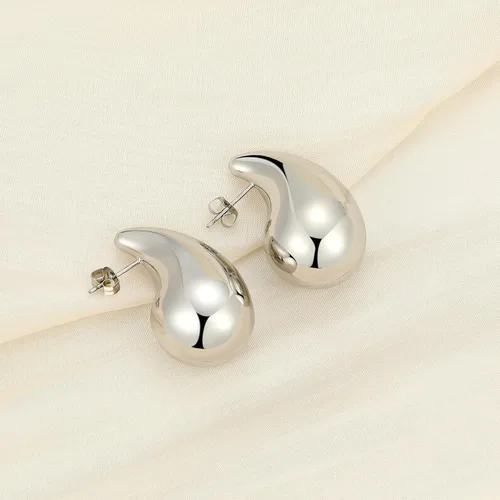 Vista 2 de Aretes de aro de acero quirúrgico 316L gruesos en forma de lágrima de oro para mujer, aretes de gota de agua, ligeros, hipoalergénicos, de diseño
