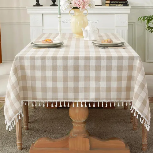 Vista 15 de Laolitou Mantel redondo a cuadros verde, de lino y algodón, con borla, a cuadros de búfalo, lavable, mantel de gingham para sala de estar